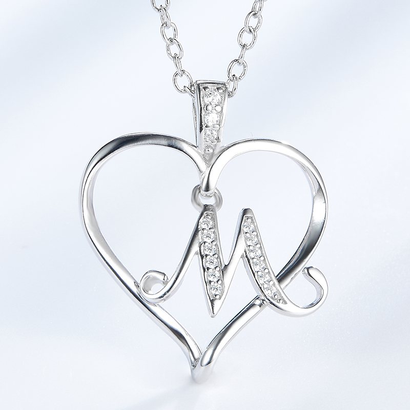 Custom Rhodium Plating Shiny 925 Pure Silver Jewelry CZ Diamond Dangle Letter Heart Necklace